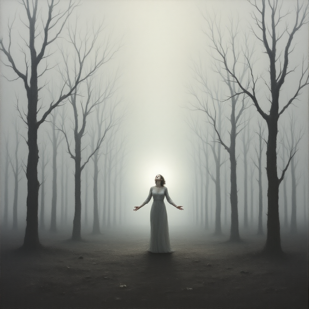 A woman in a white dress stands in a foggy forest, surrounded by bare trees. A glowing light emanates from behind her, symbolizing the relentless and unyielding nature of love.