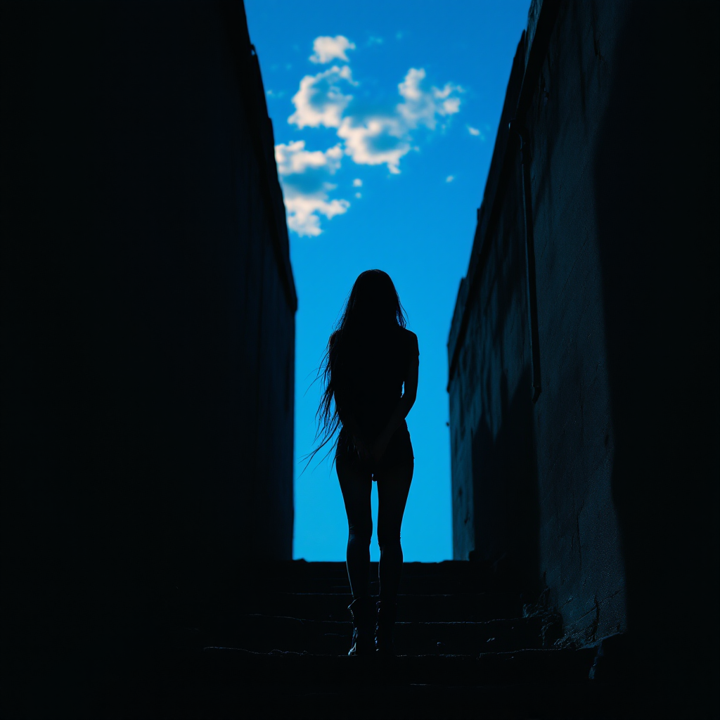 A silhouette of a figure stands at the top of a dark stairway, framed against a bright blue sky punctuated by clouds, embodying the sentiment, You’re my reason.