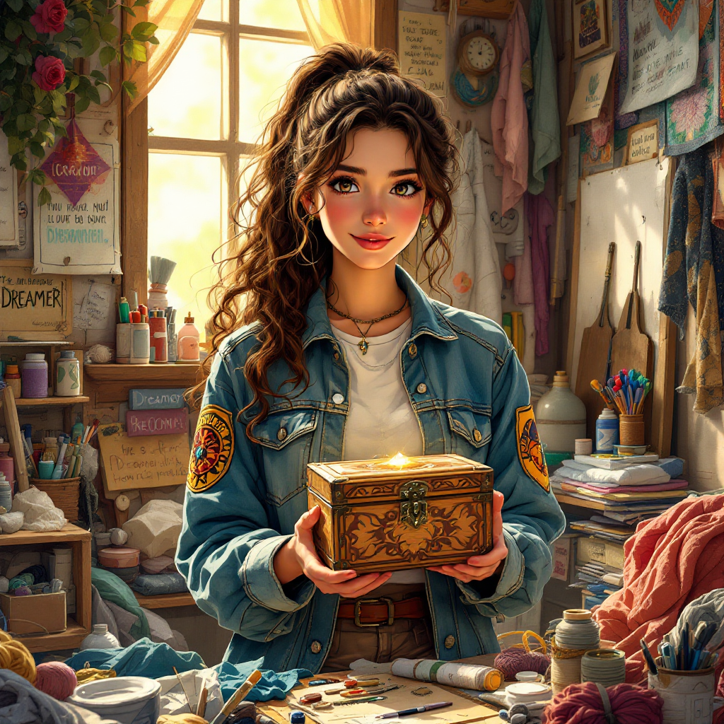 A young woman stands in a cluttered room filled with art supplies, holding a beautifully ornate box, embodying the quote about valuing creativity over material possessions.