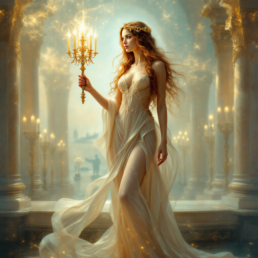 A ethereal woman in a flowing gown holds a glowing candelabrum, surrounded by ornate columns and flickering candles, symbolizing hope and resilience against darkness.