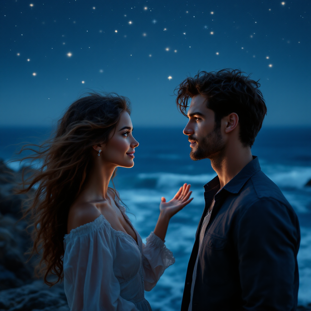 A couple stands facing each other on a rocky shore under a starry night sky, embodying the sentiment, Love is a choice, and you can choose again any time you want.