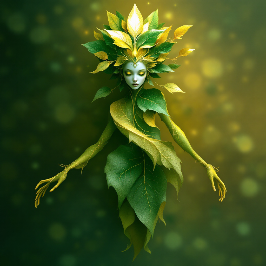 A celestial figure composed of vibrant green leaves and golden accents, embodying the essence of nature and divinity, with an ethereal expression that reflects a sense of harmony.