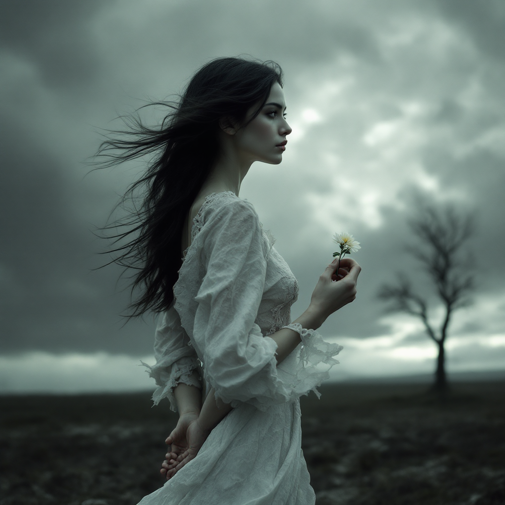 A woman in a flowing white dress stands in a desolate landscape under dark, stormy skies, holding a small flower, embodying the spirit of hope emerging from somber surroundings.