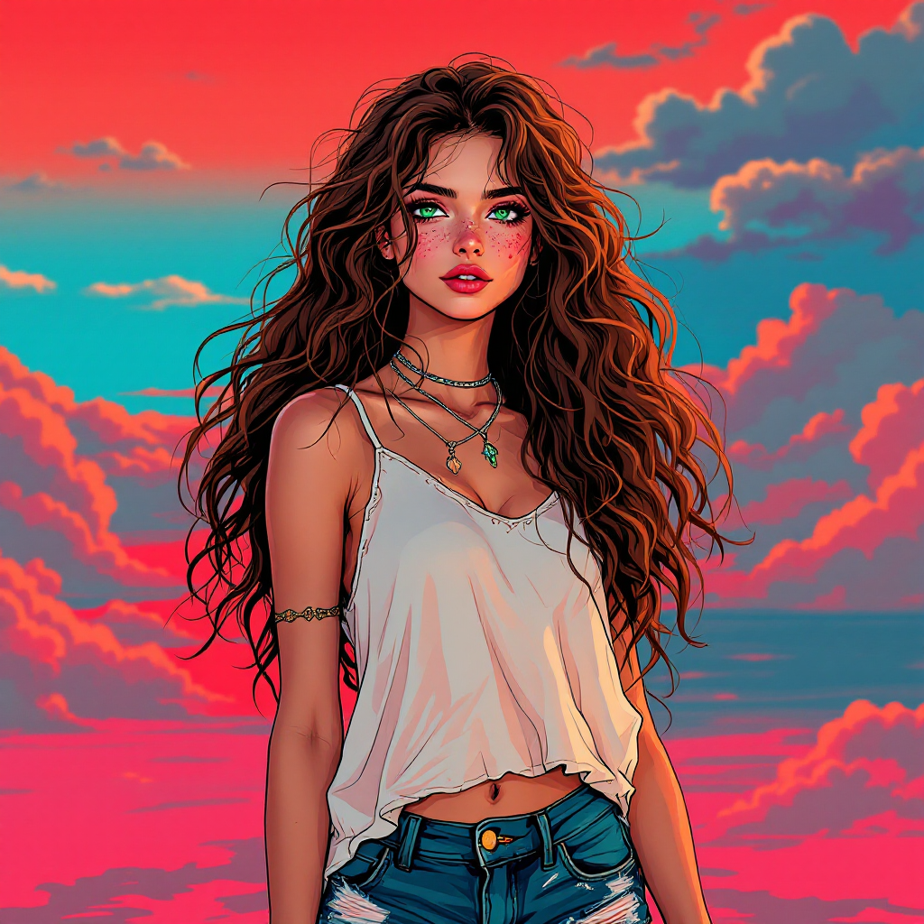 A girl with long, wild hair stands against a vibrant sunset, wearing a casual tank top and denim shorts, embodying the spirit of adventure suggested by the quote about a wild side.