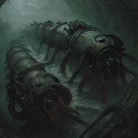 Image of worm-shaped aliens with multiple limbs, lounging on a sloped, tube-like bridge partially submerged in a milky liquid, surrounded by intricate instrumentation.