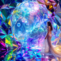 A figure in a shimmering gown stands inside the Prism Palace, surrounded by vibrant, transparent, faceted walls of interlocked blown-glass bubbles, resembling a giant gem.