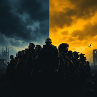 A group of diverse figures stands together in a desolate landscape, split between dark clouds and an ominous yellow sky, reflecting unity and an uncertain end.