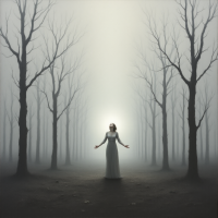 A woman in a white dress stands in a foggy forest, surrounded by bare trees. A glowing light emanates from behind her, symbolizing the relentless and unyielding nature of love.