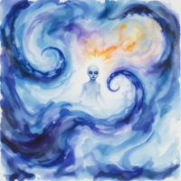 A serene figure surrounded by swirling blue and orange waves symbolizes the haunting influence of the past and the transformative power of choices for the future.