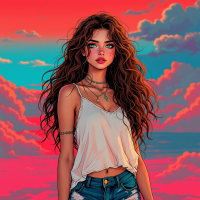 A girl with long, wild hair stands against a vibrant sunset, wearing a casual tank top and denim shorts, embodying the spirit of adventure suggested by the quote about a wild side.