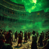 A dramatic scene in a coliseum filled with warriors amidst green mist and ominous skies, reflecting the addictive spectacle of suffering and conflict, as spectators watch.