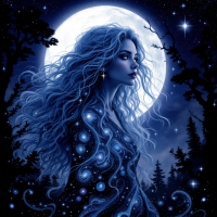 A woman with flowing blue hair stands against a luminous full moon, her silhouette intertwined with stars, embodying the transformative potential captured in the quote about becoming one's true self.