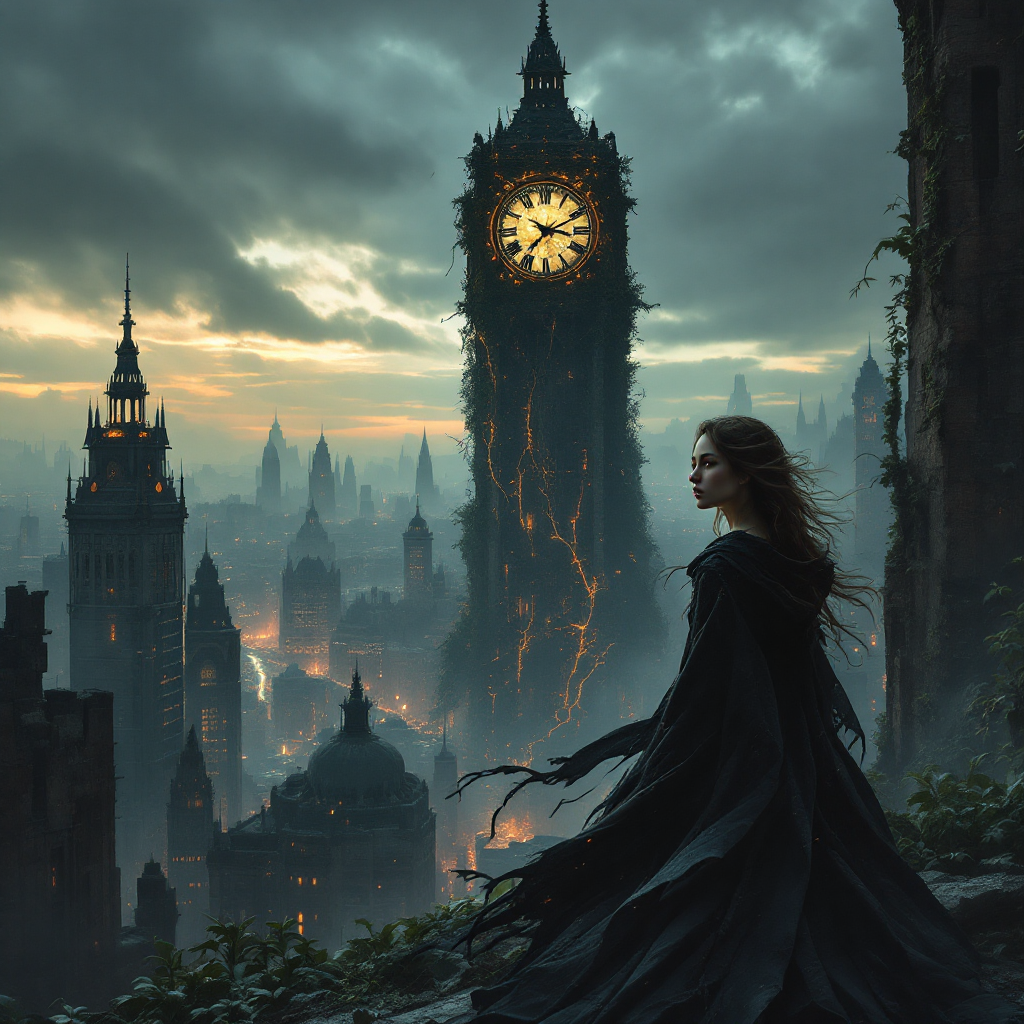 A figure in a flowing black cloak stands on a crumbling ledge, gazing at a dystopian cityscape with a towering clock tower, evoking the sentiment of inventing futures to escape the present.