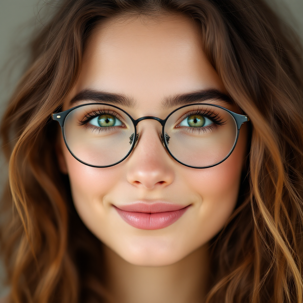 A close-up of a young woman with wavy, chestnut hair and striking green eyes, wearing stylish round glasses and a warm smile, set against a soft, neutral background.