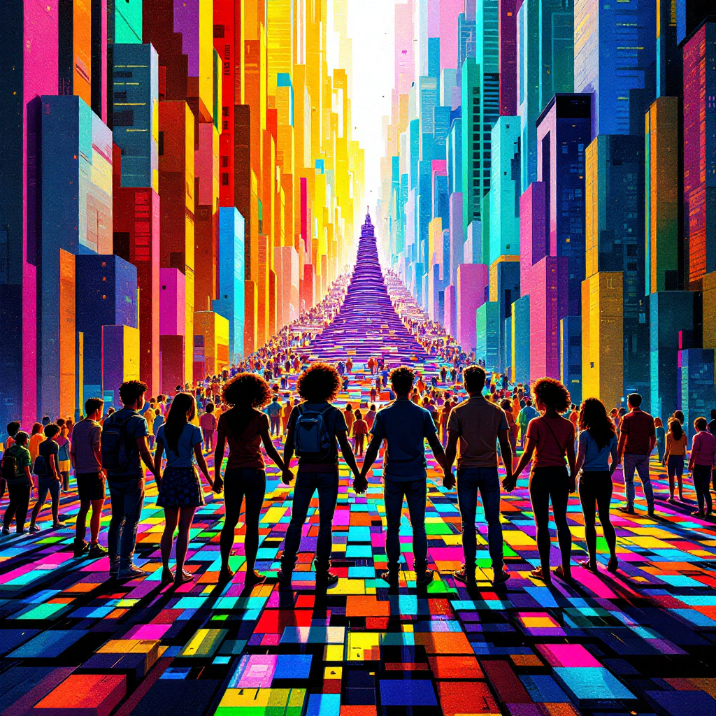 A vibrant, colorful cityscape filled with diverse individuals holding hands, symbolizing unity and the strength found in diversity, leading towards a bright, towering structure in the distance.