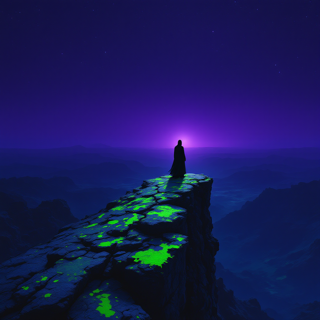 A solitary figure stands on a rocky cliff under a starry sky, illuminated by a vibrant purple glow on the horizon, embodying the sentiment of devotion in the quote about promises.