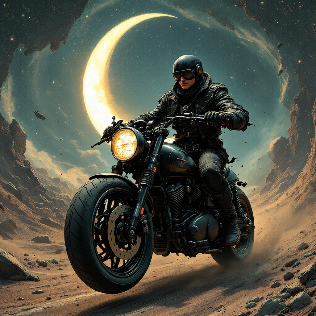 A rider in a sleek black motorcycle zooms through a cosmic tunnel, illuminated by a crescent moon, capturing the essence of the quote, It’s like riding a bike. You never really forget.