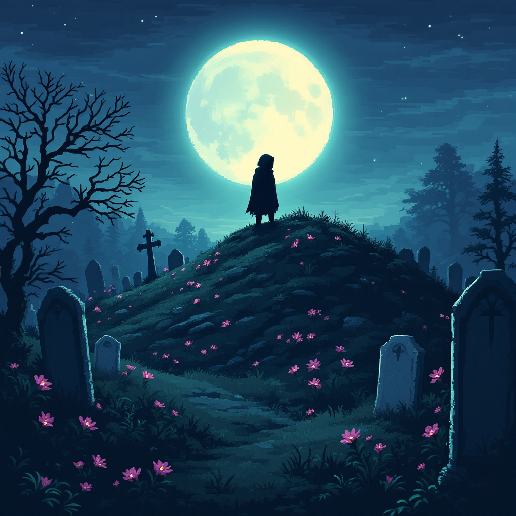 A figure in a dark cloak stands on a hill amidst gravestones, under a glowing full moon, surrounded by scattered pink flowers, evoking the beauty and finality of death.