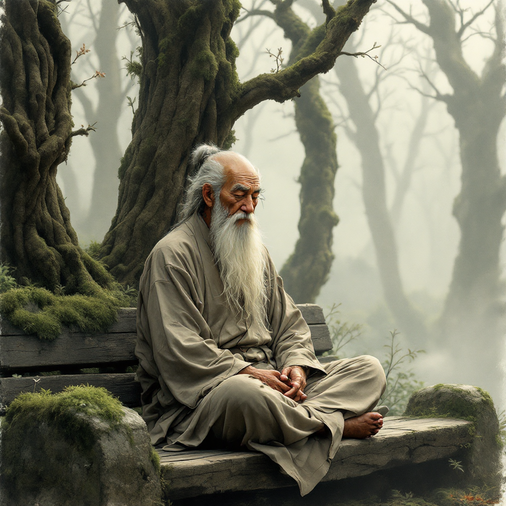 An elderly figure sits in serene meditation on a weathered bench amidst misty trees, embodying the tranquility of seclusion needed for peace.