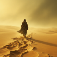 A figure in a flowing cloak walks resolutely across a vast desert, leaving footprints in the soft sand under a hazy, golden sky, embodying the weight of necessity and determination.