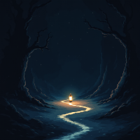 A winding path lit by a glowing lantern in a dark, shadowy forest, embodying the quote, Hope shines the brightest in the shadows of despair, a beacon calling us homeward.