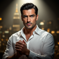 A confident man in a white shirt stands with his hands clasped, gazing intensely at the camera amidst a softly lit city skyline, embodying clarity of thought and decision-making.