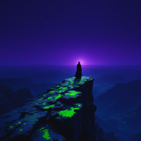 A solitary figure stands on a rocky cliff under a starry sky, illuminated by a vibrant purple glow on the horizon, embodying the sentiment of devotion in the quote about promises.