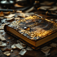 A beautifully ornate, vintage book lies on a cluttered wooden surface, surrounded by scattered papers, reflecting a sense of confusion and deep contemplation inspired by a poignant quote.