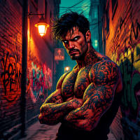 A muscular man with tattoos stands confidently in a dimly lit alley, surrounded by vibrant graffiti, embodying the tension of wanting someone who may be bad for him.