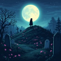 A figure in a dark cloak stands on a hill amidst gravestones, under a glowing full moon, surrounded by scattered pink flowers, evoking the beauty and finality of death.