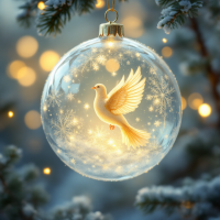 A delicate glass ornament hangs from a snowy branch, revealing a luminous dove surrounded by sparkling snowflakes, symbolizing hope as the most precious gift of all.