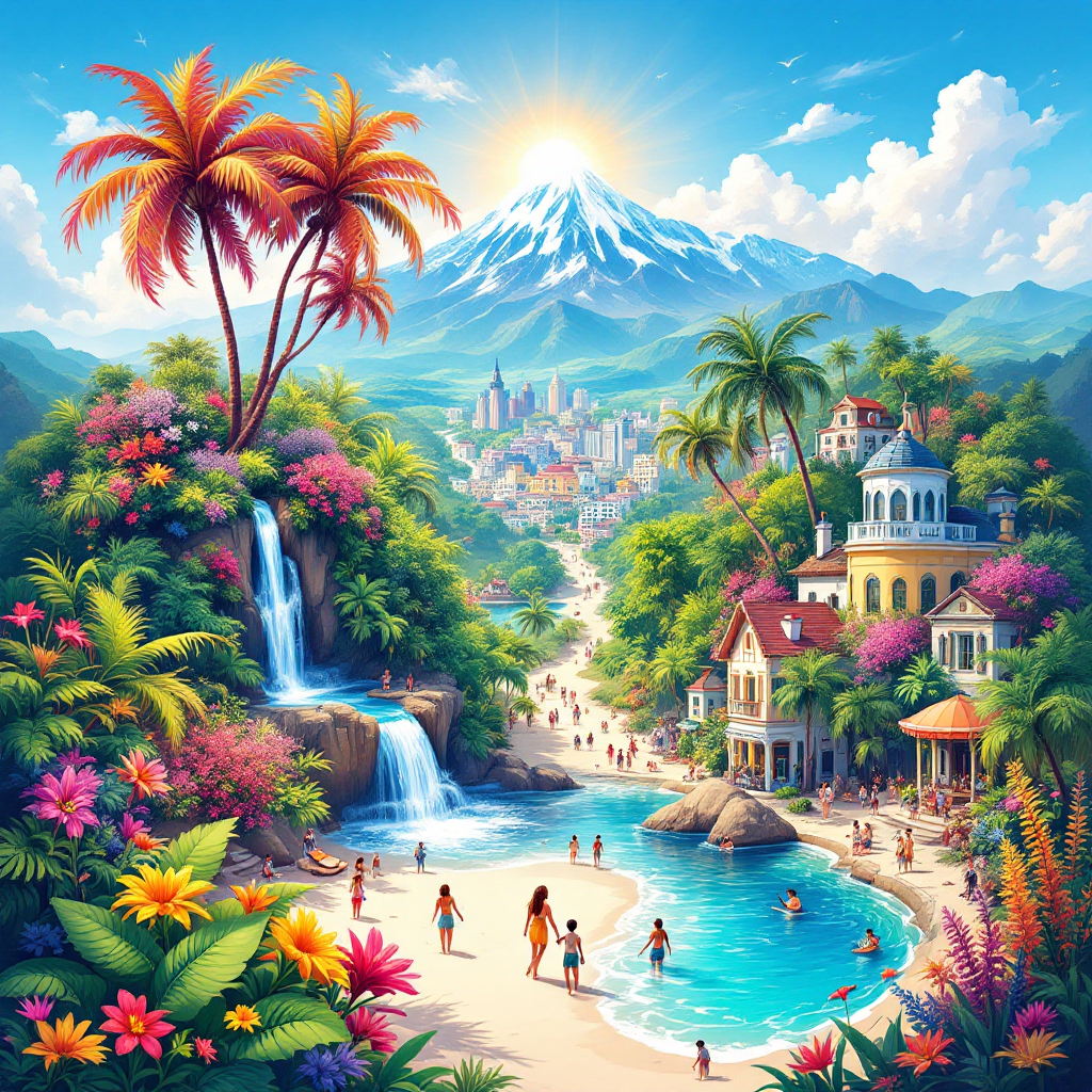 A vibrant tropical scene featuring lush palm trees, waterfalls, and a serene beach with families enjoying their time, all illuminated by a radiant sun and majestic mountains in the background.