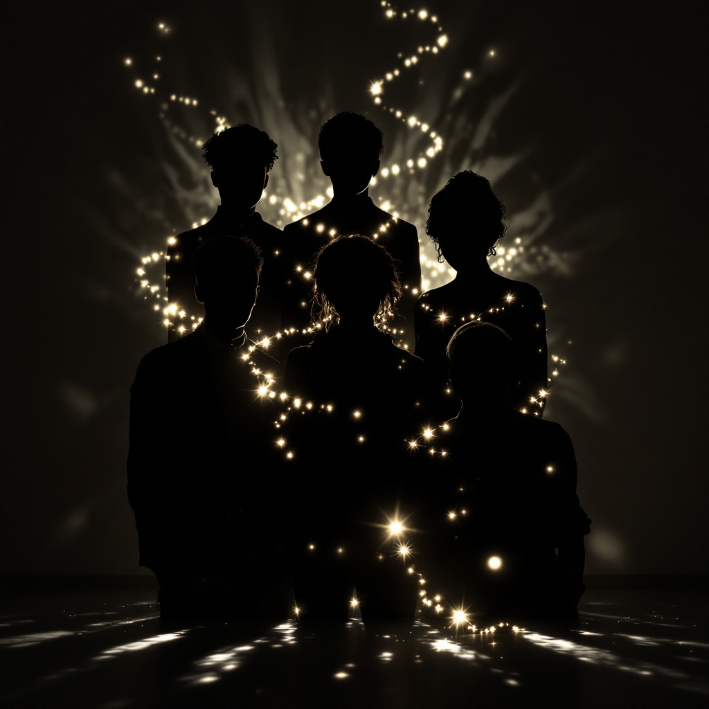 Silhouettes of six figures emerge from a dark background, interconnected by swirling lights, embodying the essence of different shadows on the wall.