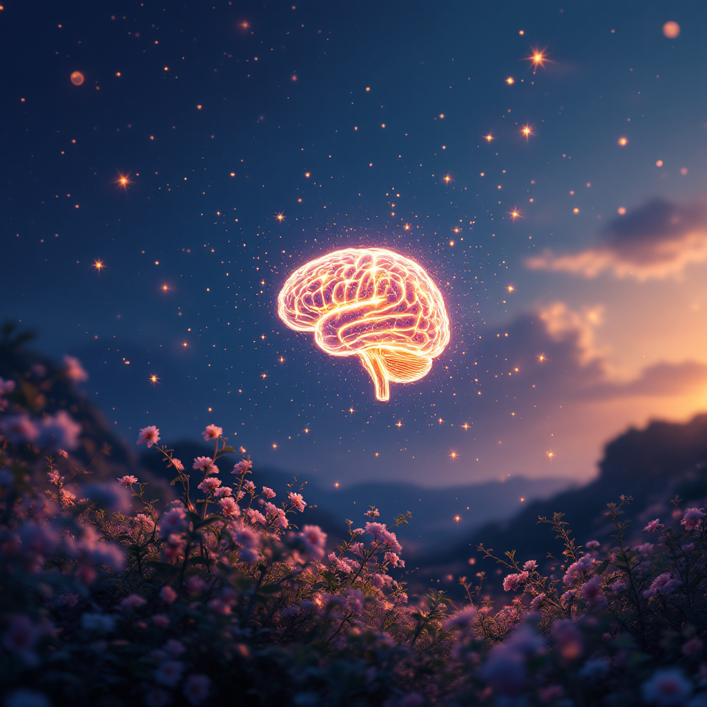 A glowing, ethereal brain hovers above a field of flowers at dusk, surrounded by sparkling stars, capturing the feeling of a mind in a constant game of dodgeball.