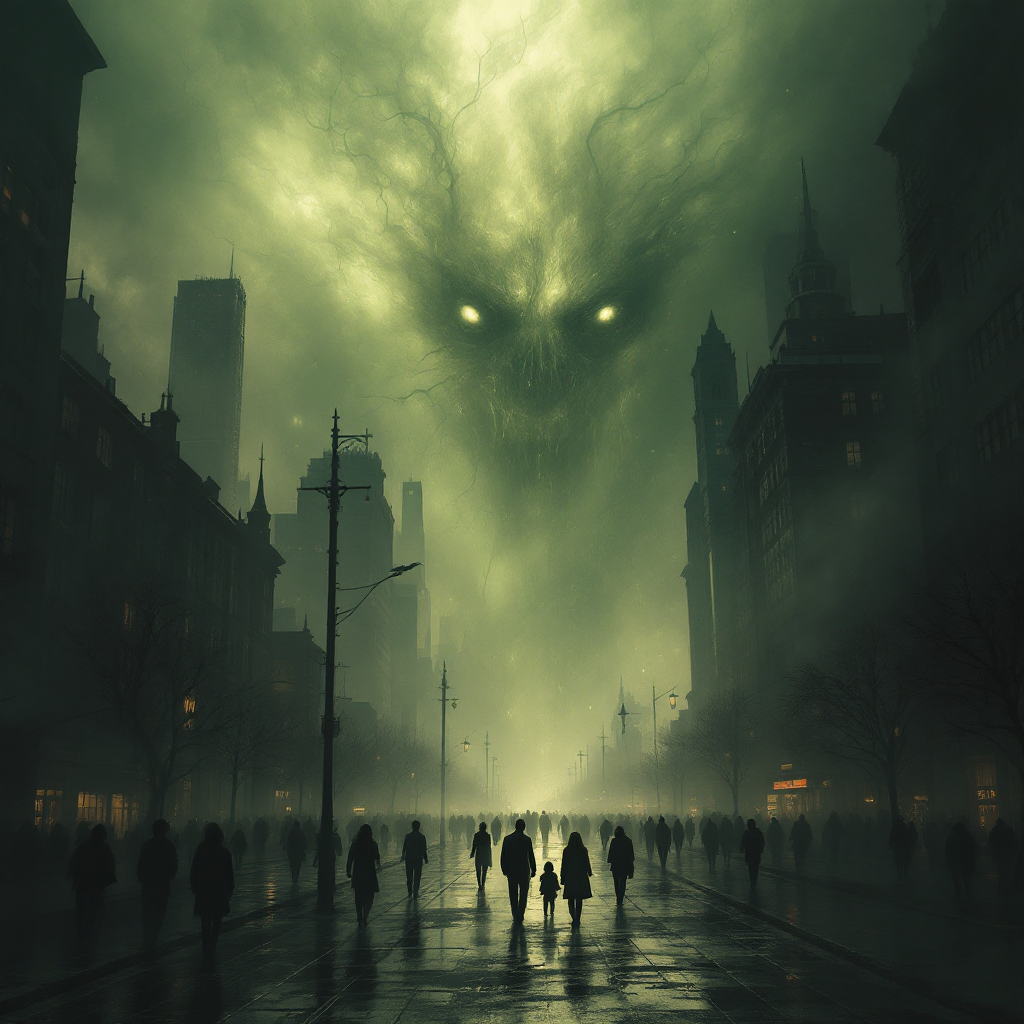 A shadowy figure looms over a foggy cityscape, where figures walk below, symbolizing the spread of ideas like a virus, as darkness merges with urban life.