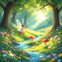 A colorful garden scene featuring a fairy near a sparkling stream, surrounded by vibrant flowers and whimsical mushrooms, embodying the beauty of nature without the need for belief in fairies.