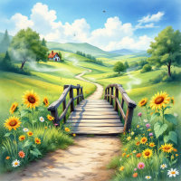 A serene landscape features a wooden bridge crossing a path lined with vibrant flowers, leading to rolling hills and a quaint house under a bright blue sky, reflecting on appealing outcomes.