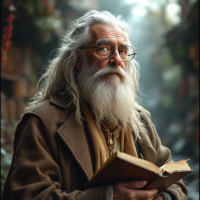 An elderly man with long, white hair and a beard, wearing glasses and a brown coat, holds an open book, embodying the essence of a professor and a poet amidst a lush, enchanting backdrop.