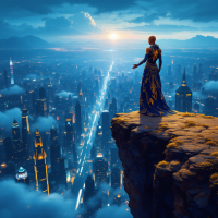 A figure in an elegant blue gown stands on a cliff, overlooking a vibrant, futuristic city bathed in sunset light, symbolizing humanity's strength to adapt and transcend limitations.