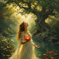 A woman in a flowing white dress stands by a serene lake, holding a glowing lotus flower. Vivid greenery surrounds her, reflecting the quote, Love was a savage, tender thing.