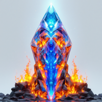 A striking crystalline structure glows with blue and orange hues, surrounded by flames, symbolizing the dual nature of fire as both a source of light and a force of destruction.