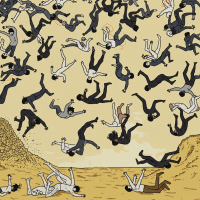 An illustration depicting numerous figures falling from the sky against a sandy backdrop, visually echoing the quote: Everybody falls, and we all land somewhere.
