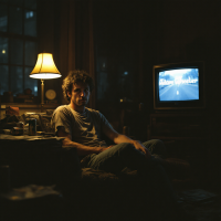 A young man sits alone in a dimly lit room, illuminated by a lamp and an old TV, his expression distant, reflecting a quiet dissatisfaction with his existence.