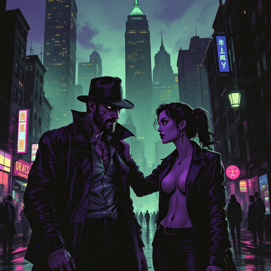 A shadowy man in a fedora stands close to a confident woman in a dimly lit urban setting, highlighting themes of connection and loyalty amidst a backdrop of city lights.