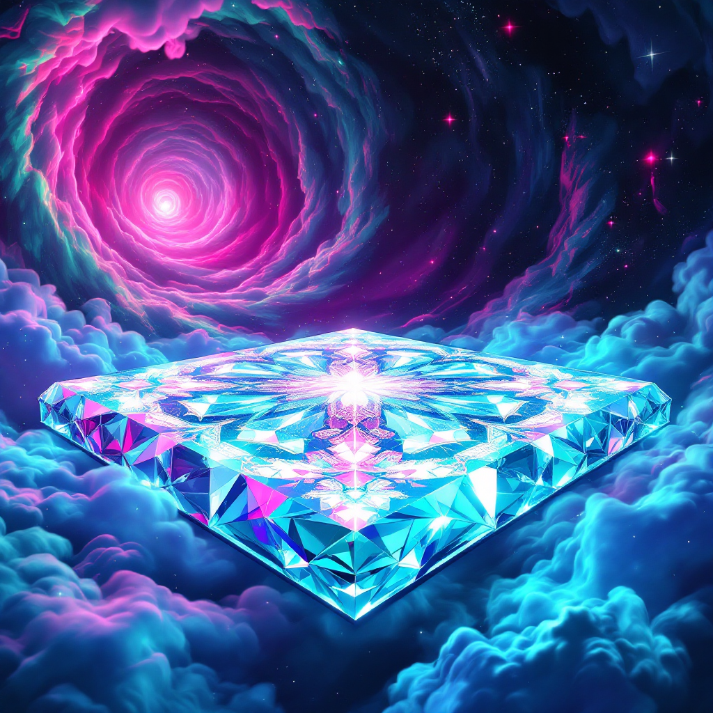 A five-meter wide grav platform made of intricately designed diamond, glowing with vibrant blues and purples, set against a cosmic backdrop swirling with clouds and light.