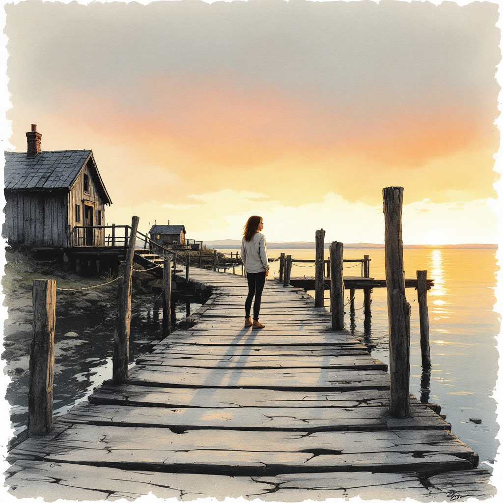 A woman stands at the end of a weathered wooden dock, gazing at the serene water under a sunset sky, evoking a deep connection to the place and moment.