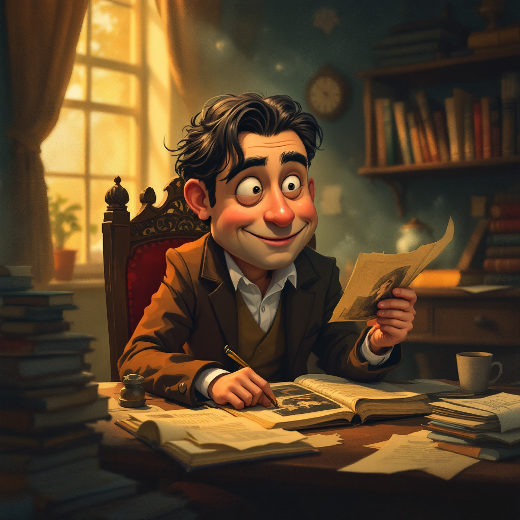 A whimsical character sits at a wooden desk, surrounded by books, holding a letter with a thoughtful smile, evoking a sense of nostalgia and introspection about past moments.