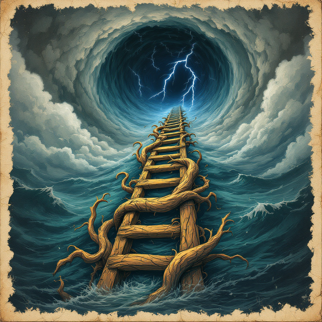 A twisted wooden ladder rises through stormy waters toward a dark swirling vortex, symbolizing the quote Chaos isn't a pit. Chaos is a ladder amidst lightning and turbulent clouds.