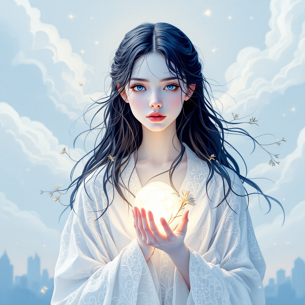 A serene young woman in a flowing white outfit holds a glowing orb, surrounded by soft clouds, embodying the delicate balance between good and evil.