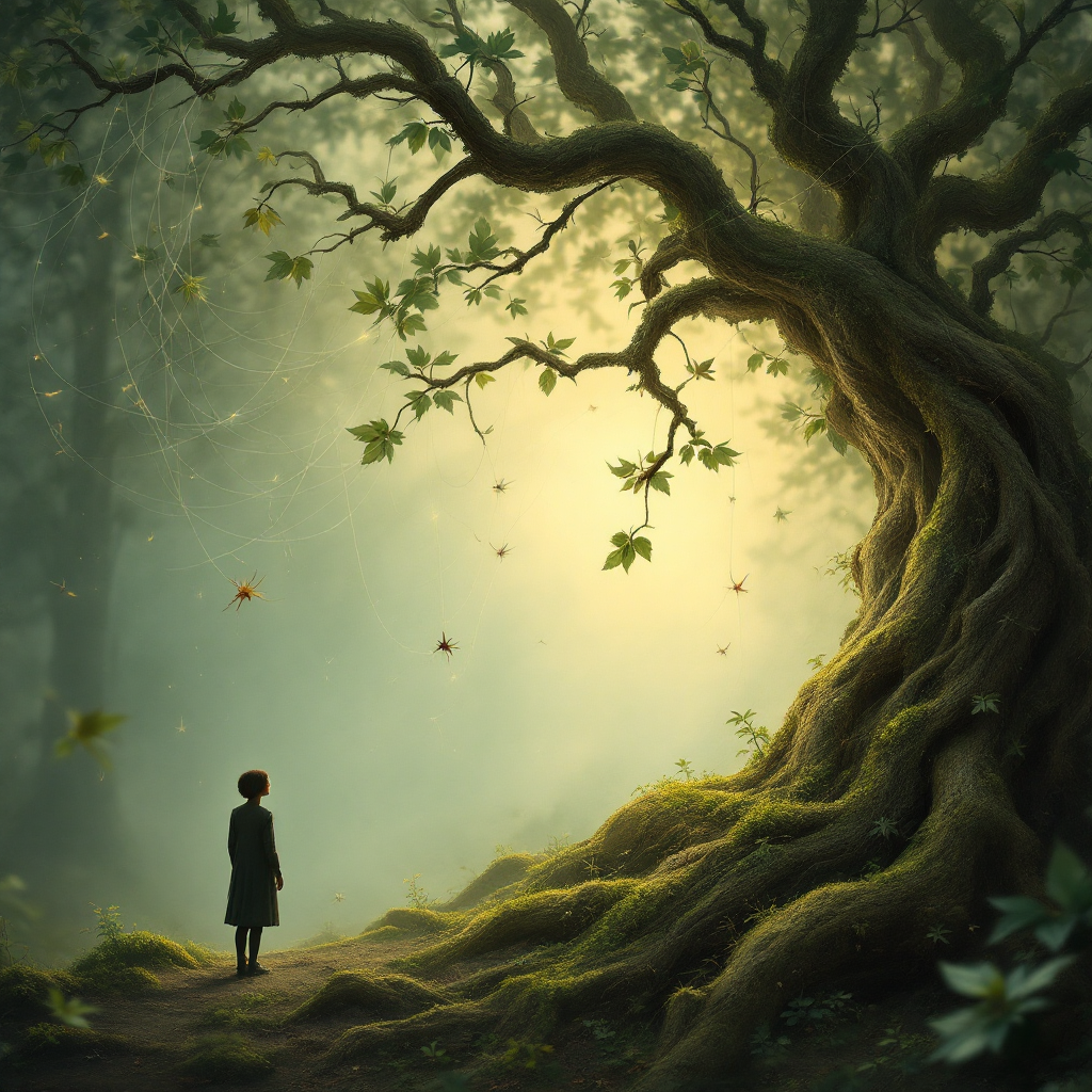 A child stands before a majestic, ancient tree in a misty forest, embodying the poignant theme of letting go and the pain of unspoken goodbyes. Soft light filters through the leaves.